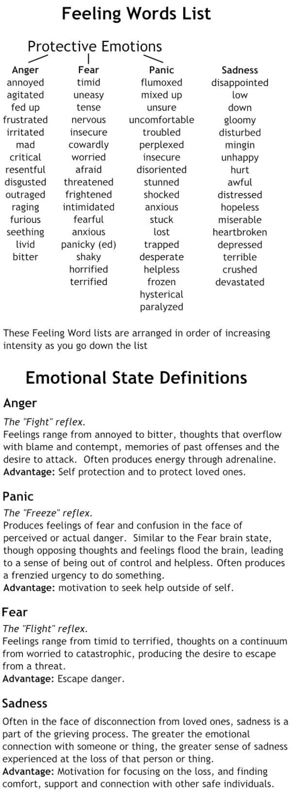 Image of the Feeling Word List from the Protective Brain States